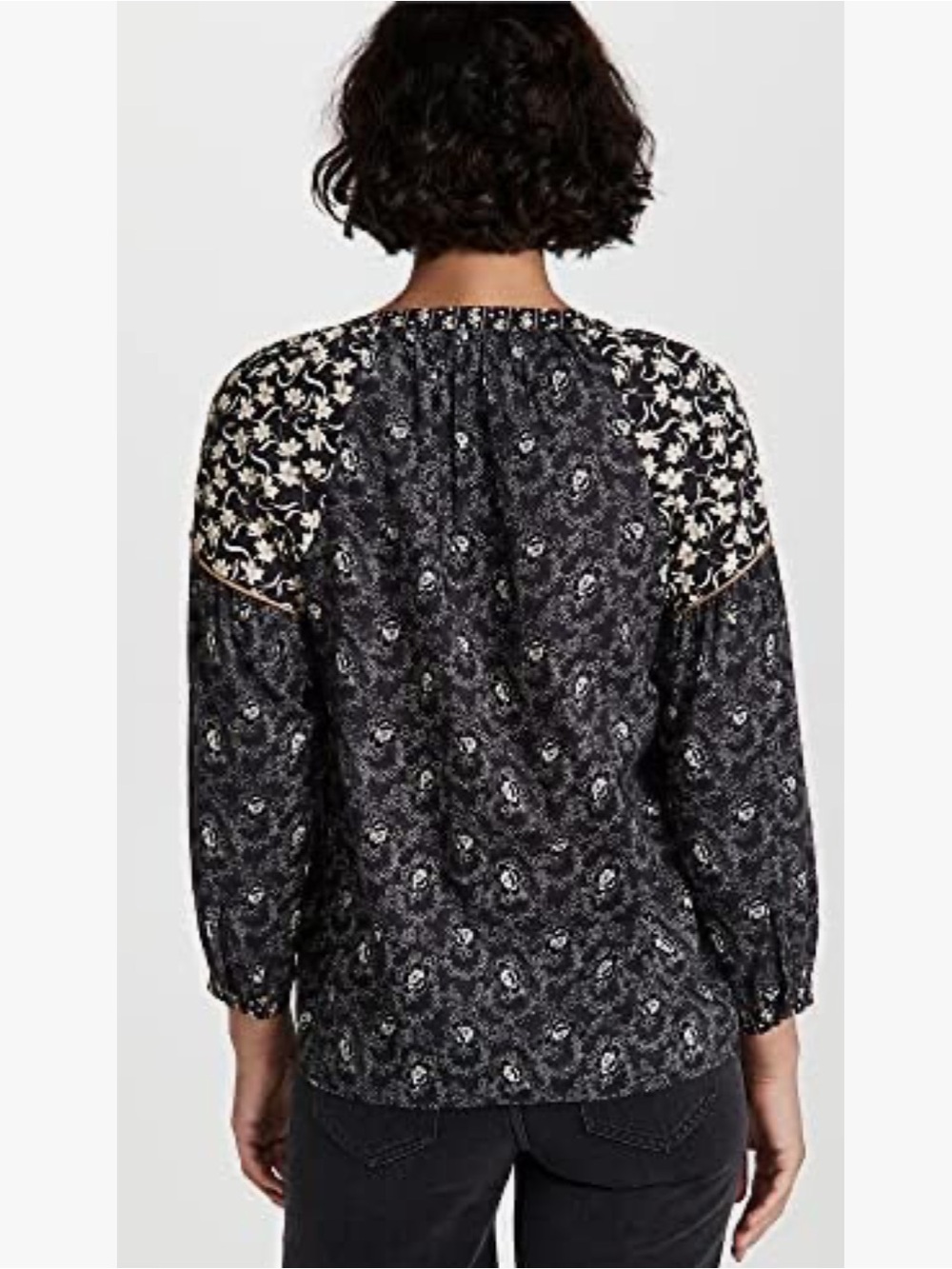 Tribal Boho Floral Mixed-Print V-Neck Women's Top - Navy L - Picture 11 of 11